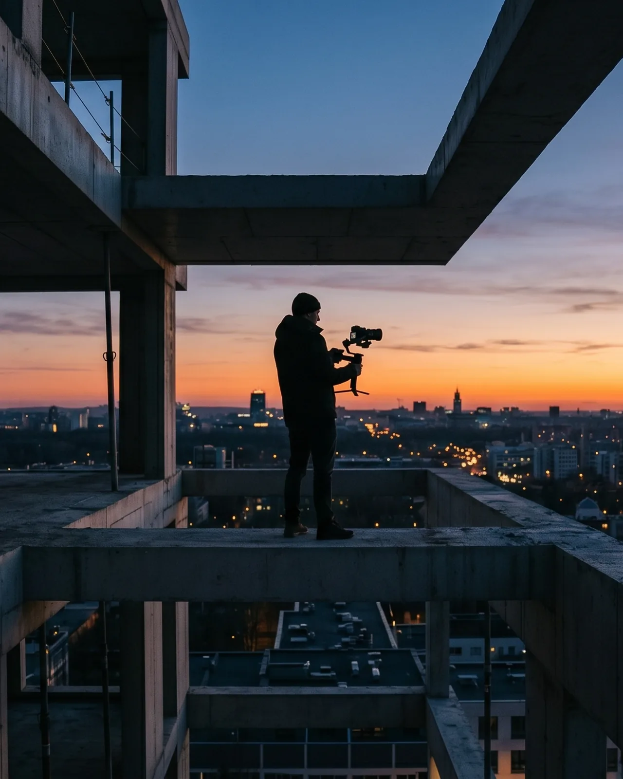 Prise de vue en cours au crépuscule, sur une dalle d'immeuble en construction dominant la ville